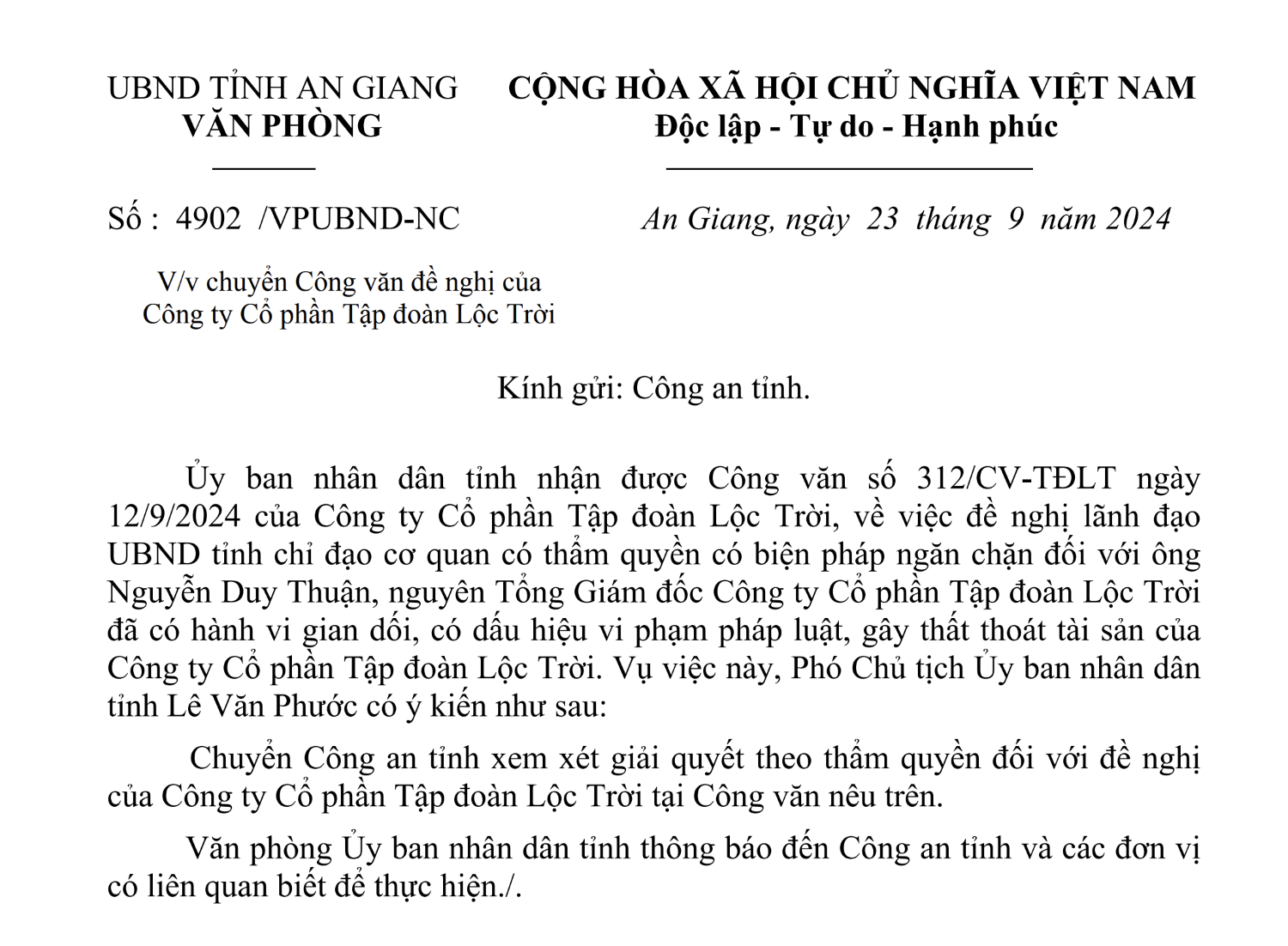 Vì sao Lộc Trời đề nghị biện pháp ngăn chặn cựu CEO Nguyễn Duy Thuận?