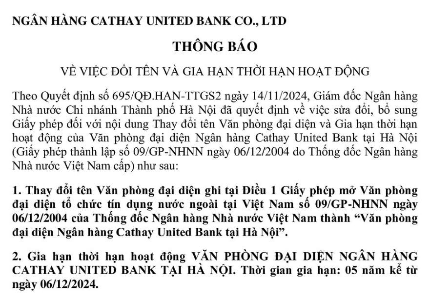 Ngân hàng Cathay được gia hạn thời hạn hoạt động