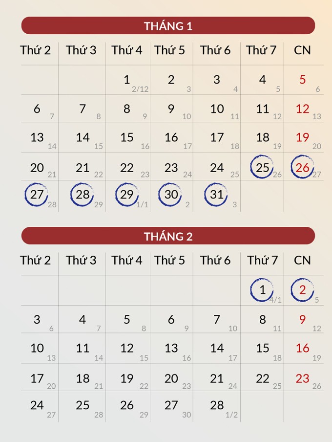 Lịch nghỉ Tết Ất Tỵ. Đồ họa: Đăng Hiếu