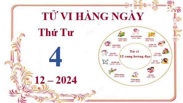 Xem tử vi 12 cung hoàng đạo hôm nay Thứ Tư ngày 4/12/2024: Xử Nữ sự nghiệp thuận lợi, Song Tử bị áp lực