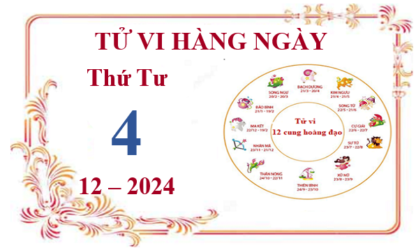 Xem tử vi 12 cung hoàng đạo hôm nay Thứ Tư ngày 4/12/2024: Xử Nữ sự nghiệp thuận lợi, Song Tử bị áp lực