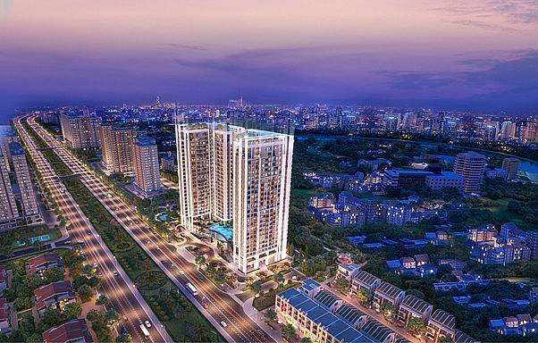 Nằm trên trục đường Nguyễn Hữu Thọ, Essensia Sky là tháp đôi căn hộ đầu tiên trong quần thể dự án xanh - sức khoẻ Essensia Nam Sài Gòn 