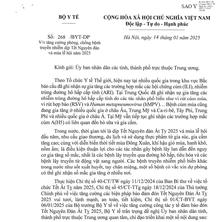 Bộ Y tế yêu cầu giám sát chặt các bệnh truyền nhiễm dịp Tết Nguyên đán và mùa lễ hội 2025