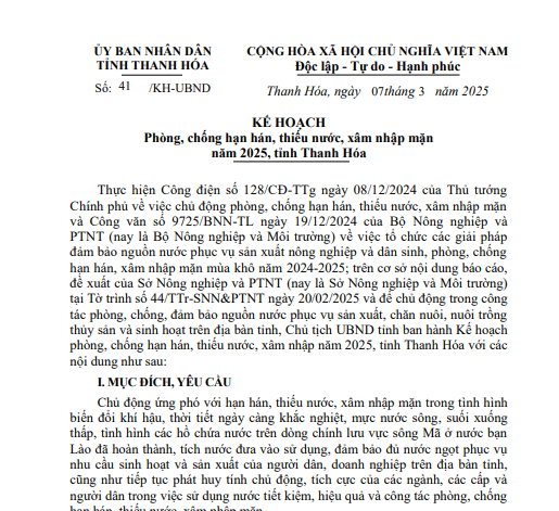 Văn bán số 41/KH-UBND Về việc Kế hoạch phòng, chống hạn hán, thiếu nước, xâm nhập mặn năm 2025, tỉnh Thanh Hóa