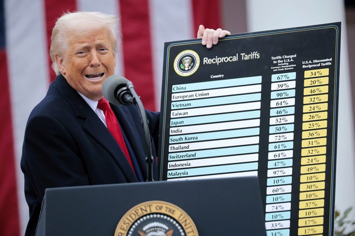 Tổng thống Hoa Kỳ Donald Trump giơ biểu đồ thuế khi phát biểu về chính sách thuế có đi có lại mới tại Vườn Hồng, Nhà Trắng ngày 2.4. Ảnh: Getty Images