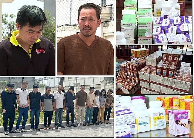Ổ nhóm và tang vật là thuốc giả trong đường dây sản xuất, buôn bán thuốc giả. Ảnh: Công an Thanh Hóa