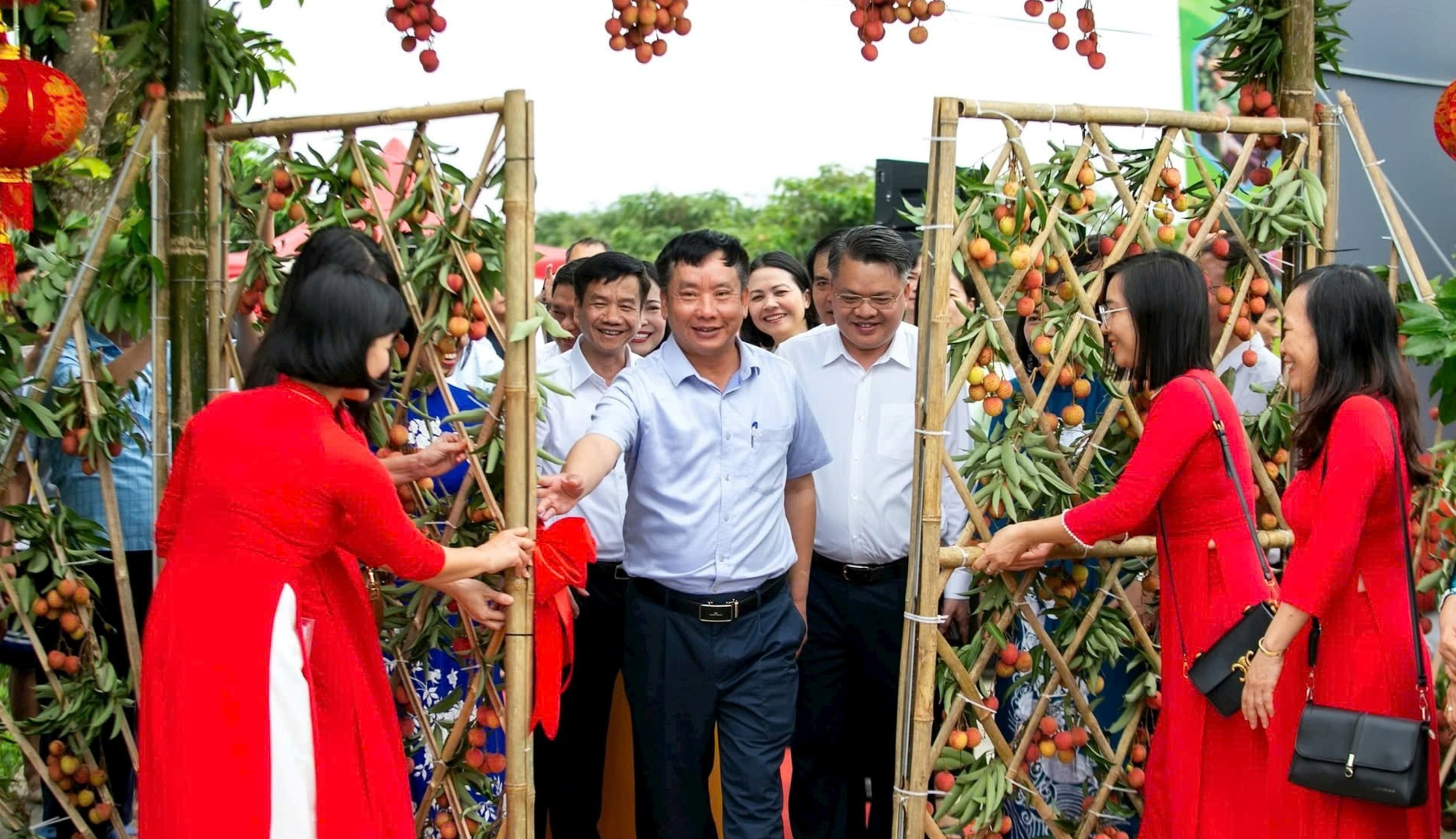 Các đồng chí lãnh đạo tỉnh mở vườn vải khởi đầu cho một mùa bội thu