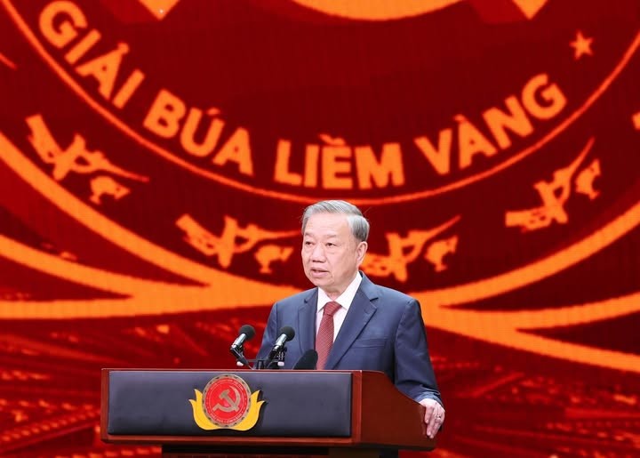 Tổng Bí thư Tô Lâm phát biểu tại Lễ trao Giải báo chí toàn quốc về xây dựng Đảng mang tên Búa liềm vàng lần thứ IX - năm 2024, ngày 20/1