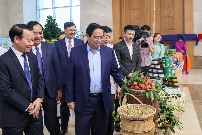 Thủ tướng Phạm Minh Chính cùng các đại biểu tham quan các gian trưng bày các sản phẩm nông nghiệp tiêu biểu - Ảnh: VGP
