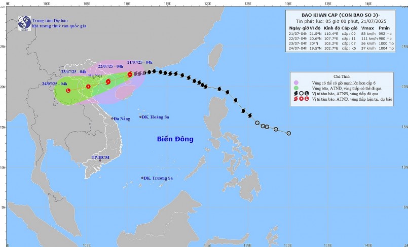 Hướng di chuyển của bão số 3. Ảnh: nchmf.