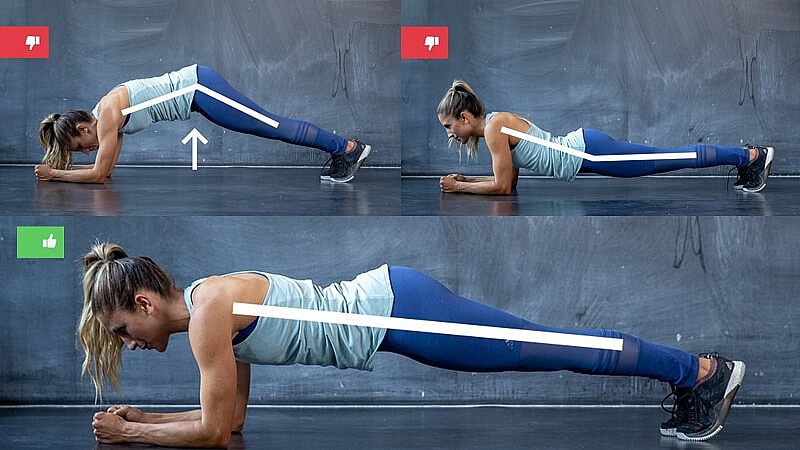 Võng lưng khi plank là lỗi sai phổ biến nhất, gây áp lực lớn lên cột sống thắt lưng.