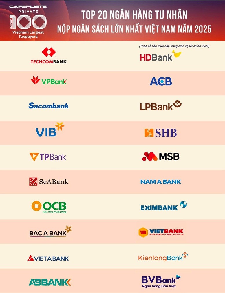 Top 20 ngân hàng tư nhân nộp ngân sách gần 50.000 tỷ đồng: Techcombank, HDBank và VPBank chiếm vị trí đầu bảng