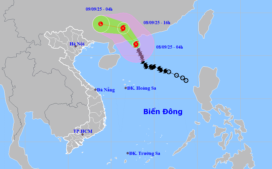 Hướng di chuyển của bão số 7 sáng 8/9. Nguồn: NCHMF