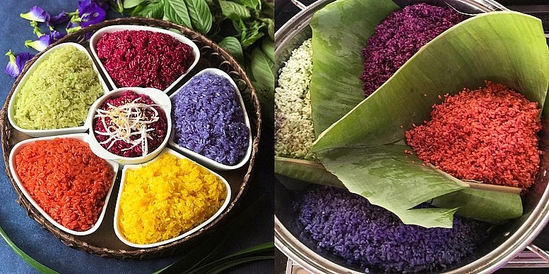 Đến với những bản làng của người Tày vào mùa lễ hội dễ dàng bắt gặp hình ảnh mâm xôi ngũ sắc đầy màu sắc được đặt trang trọng trên bàn cỗ.