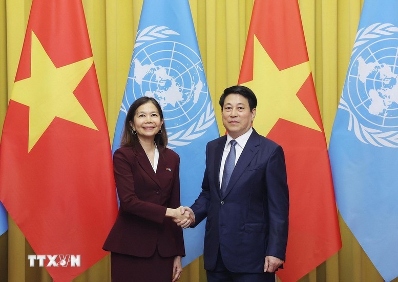Ủy viên Bộ Chính trị, Chủ tịch nước Lương Cường tiếp Điều phối viên thường trú Liên Hợp Quốc Pauline Tamesis. Ảnh: TTXVN