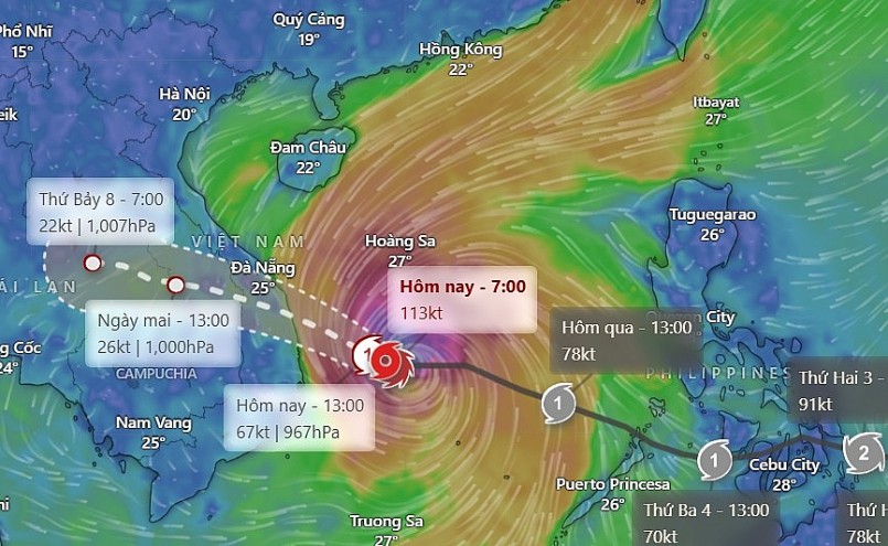 Sức gió mạnh nhất vùng gần tâm bão duy trì ở mức cấp 14 (150-166 km/giờ), giật cấp 17. Ảnh: Windy Sức gió mạnh nhất vùng gần tâm bão duy trì ở mức cấp 14 (150-166 km/giờ), giật cấp 17. Ảnh: Windy