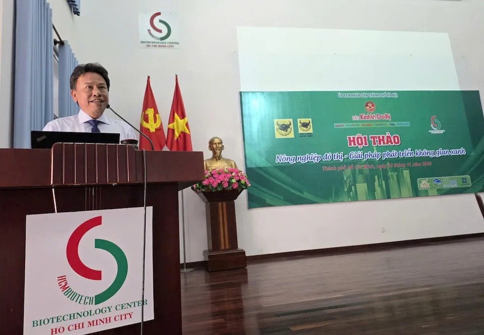 Giám đốc Công ty cổ phần Bình Điền MeKong Phạm Ngọc Tuấn phát biểu đề dẫn Hội thảo Nông nghiệp đô thị - Giải pháp phát triển không gian xanh do Báo Kinh tế & Đô thị tổ chức ngày 18/11, tại TP Hồ Chí Minh.