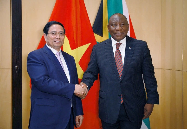 Thủ tướng Chính phủ Phạm Minh Chính và Tổng thống Nam Phi Cyril Ramaphosa - Ảnh: VGP Thủ tướng Chính phủ Phạm Minh Chính và Tổng thống Nam Phi Cyril Ramaphosa - Ảnh: VGP