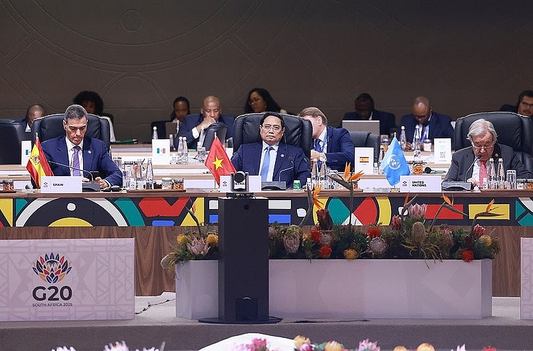 Thủ tướng khẳng định Việt Nam sẵn sàng hợp tác chặt chẽ với G20 và cộng đồng quốc tế triển khai các ưu tiên chiến lược nêu trên bằng các chương trình, dự án hợp tác cụ thể, thiết thực, góp phần mang lại thịnh vượng cho các quốc gia và mọi người dân - Ảnh: VGP/Nhật Bắc