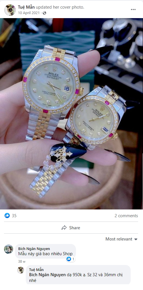 Facebook Tuệ Mẫn đăng hình ảnh đồng hồ Rolex để bán 