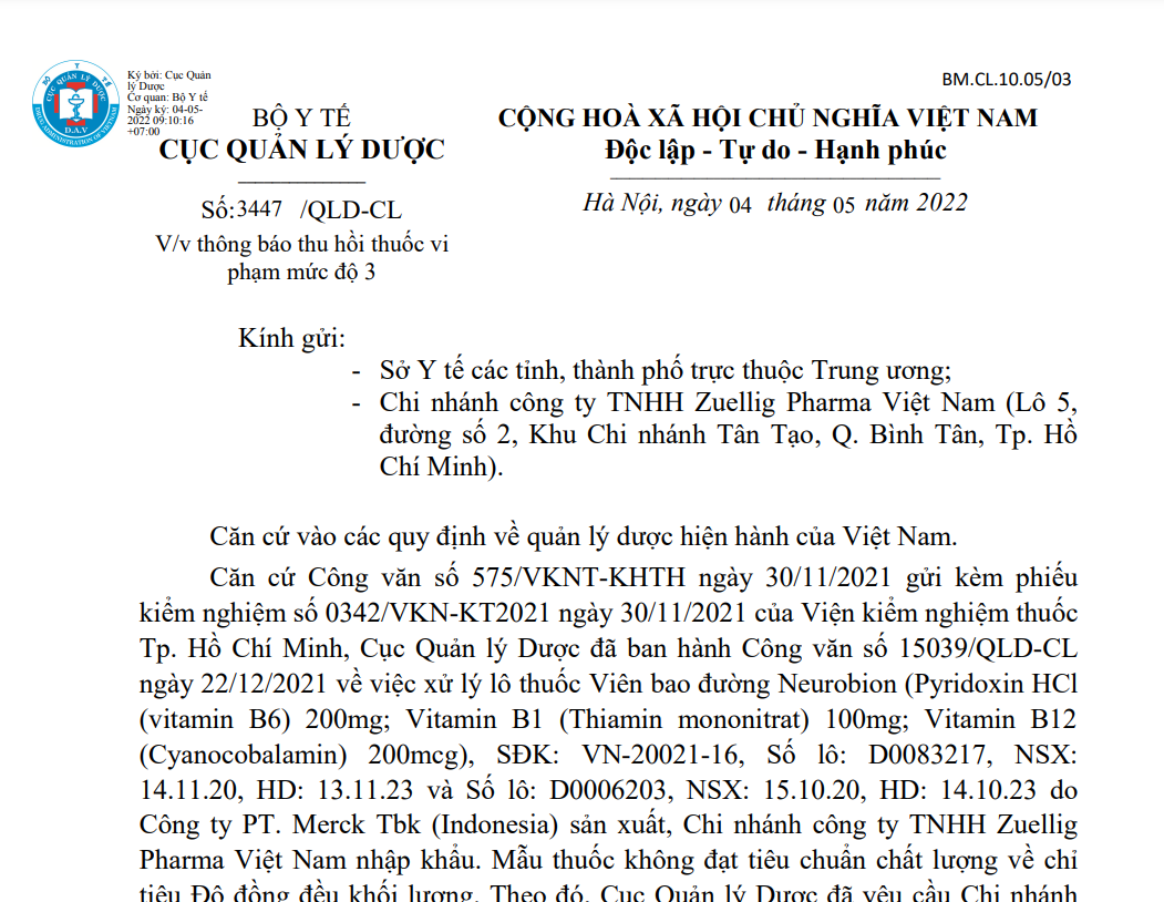 Thu hồi 3 lô thuốc không đạt chất lượng do Công ty TNHH Zuellig Pharma Việt Nam nhập khẩu