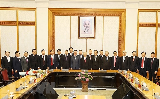 Tổng Bí thư, Chủ tịch nước Nguyễn Phú Trọng và các đại biểu dự buổi lễ. Ảnh TTXVN