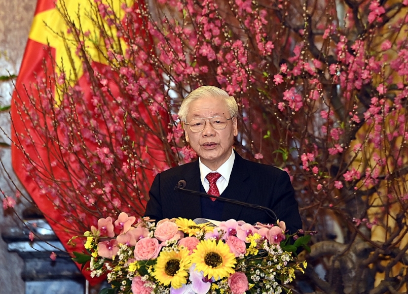 Tổng Bí thư, Chủ tịch nước Nguyễn Phú Trọng phát biểu tại buổi gặp mặt. Ảnh:VGP/Nhật Bắc