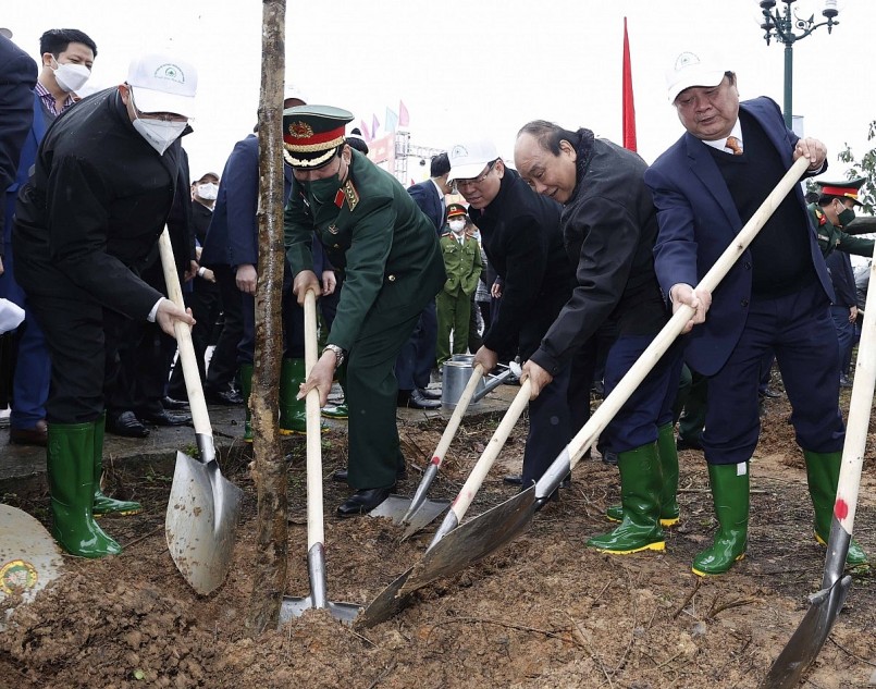 Chủ tịch nước và các đại biểu tham gia trồng cây sau lễ phát động