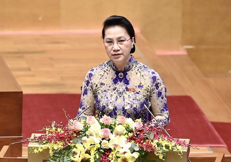 Chủ tịch Quốc hội Nguyễn Thị Kim Ngân trình bày Báo cáo công tác nhiệm kỳ khoá XIV của Quốc hội tại phiên khai mạc Kỳ họp lần thứ 11.