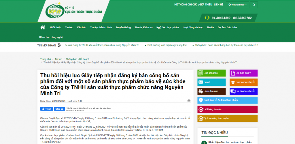 Thu hồi 3 Giấy tiếp nhận đăng ký bản công bố sản phẩm TPBVSK của Công ty Nguyễn Minh Trí