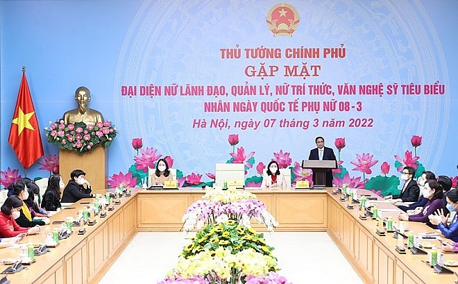 Thủ tướng Phạm Minh Chính chúc mừng các nữ lãnh đạo, quản lý, nữ trí thức, văn nghệ sỹ tiêu biểu nhân Ngày Quốc tế Phụ nữ - Ảnh VGP