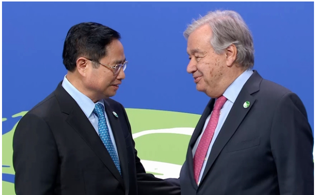 Trong khuôn khổ Hội nghị COP26 tại Anh, Thủ tướng Chính phủ Phạm Minh chính đã có cuộc gặp với Tổng Thư kýLHQ António Guterres, ngày 1/11/2021