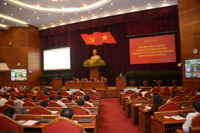 Ban Bí thư Trung ương Đảng tổ chức Hội nghị quán triệt và triển khai thực hiện Nghị quyết số 06-NQ/TW ngày 24/1/2022 của Bộ Chính trị về quy hoạch, xây dựng, quản lý và phát triển bền vững đô thị Việt Nam đến năm 2030, tầm nhìn đến năm 2045. Ảnh: VGP