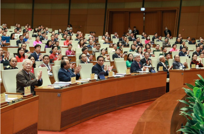 Tổng Bí thư Nguyễn Phú Trọng cùng các đồng chí lãnh đạo, nguyên lãnh đạo Đảng, Nhà nước, các đại biểu Quốc hội tham dự kỳ họp thứ 3, Quốc hội khóa XV 