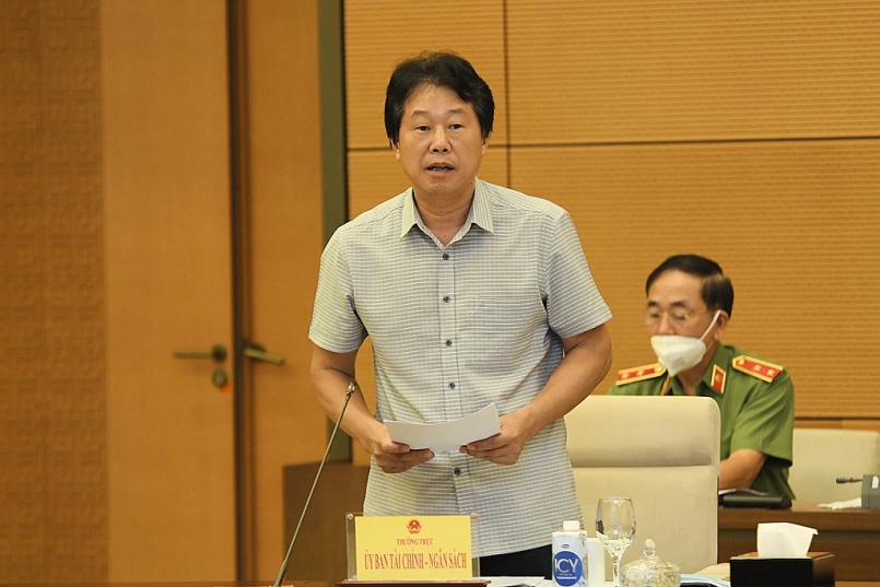 Phó Chủ nhiệm Ủy ban Tài chính - Ngân sách Đinh Văn Nhã trình bày báo cáo tại phiên họp
