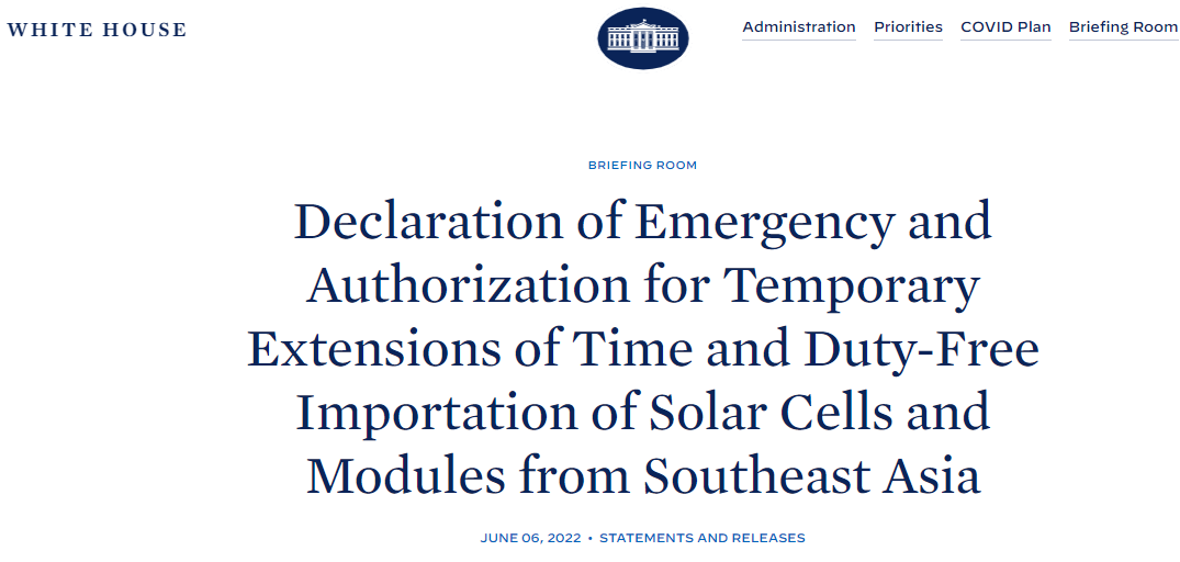 Thông báo về việc Mỹ miễn thuế nhập khẩu pin năng lượng mặt trời cho 4 nước Đông Nam Á trên Website của Nhà Trắng.