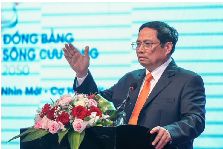 Thủ tướng Chính phủ Phạm Minh Chính phát biểu tại Hội nghị công bố quy hoạch và xúc tiến đầu tư vùng Đồng bằng sông Cửu Long thời kỳ 2021-2030. Ảnh: VGP