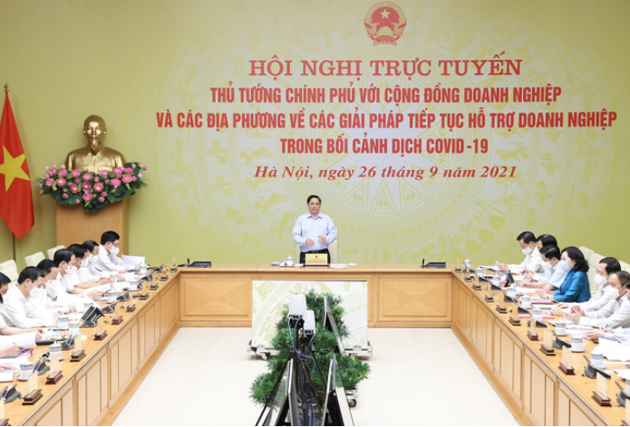 hủ tướng Chính phủ Phạm Minh Chính chủ trì Hội nghị trực tuyến với cộng đồng doanh nghiệp và các địa phương về các giải pháp tiếp tục hỗ trợ doanh nghiệp trong bối cảnh đại dịch COVID-19.