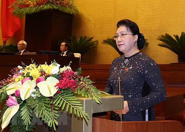 Chủ tịch Quốc hội Nguyễn Thị Kim Ngân phát biểu khai mạc Kỳ họp. (Ảnh: Trọng Đức/TTXVN)