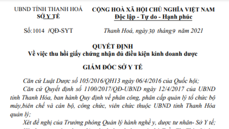 Thanh Hóa: Thu hồi giấy chứng nhận kinh doanh dược của quầy thuốc Dương Linh