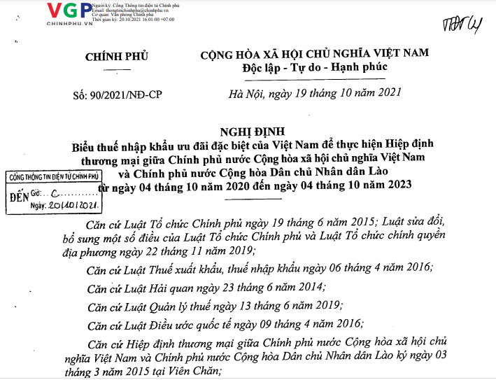Biểu thuế nhập khẩu ưu đãi đặc biệt Việt Nam - Lào