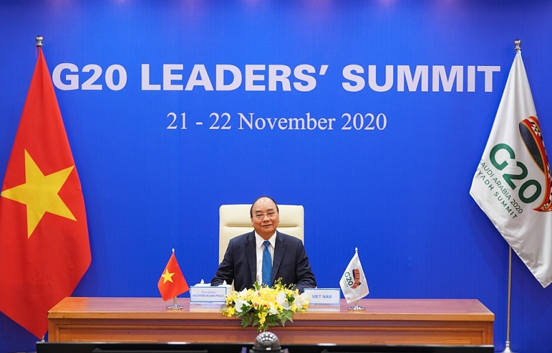 Thủ tướng Nguyễn Xuân Phúc dự và phát biểu tại Hội nghị Thượng đỉnh G20. Ảnh VGP/Quang Hiếu
