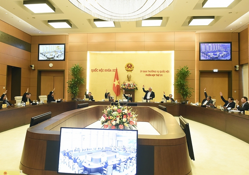 Các thành viên Ủy ban Thường vụ Quốc hội tiến hành biểu quyết thông qua Nghị quyết về việc sắp xếp các đơn vị hành chính cấp huyện, cấp xã và thành lập thành phố Thủ Đức thuộc TP. Hồ Chí Minh.