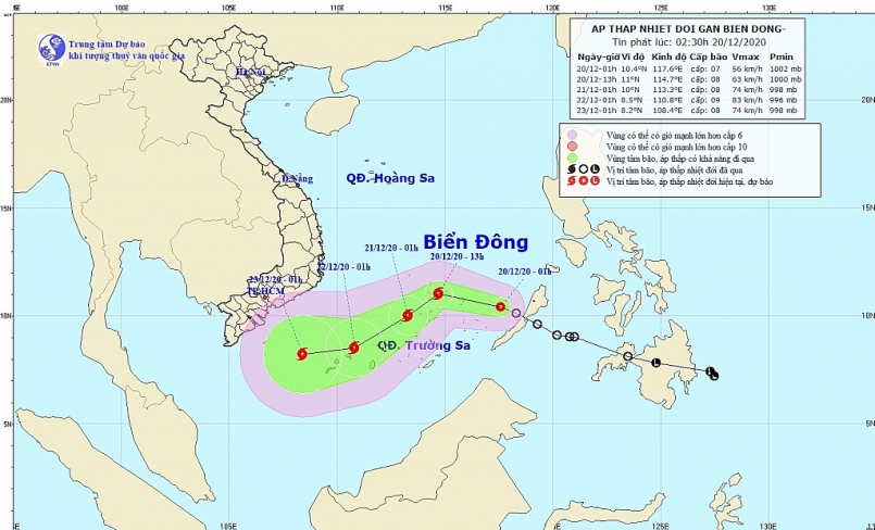 Vị trí và dự báo sơ đồ đường đi của áp thấp nhiệt đới - Ảnh: Trung tâm Dự báo khí tượng thủy văn quốc gia