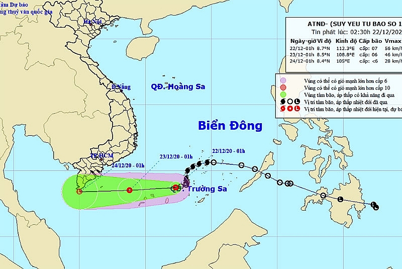 Vị trí và hướng di chuyển của áp thấp nhiệt đới (suy yếu từ bão số 14). (Nguồn: nchmf.gov.vn)