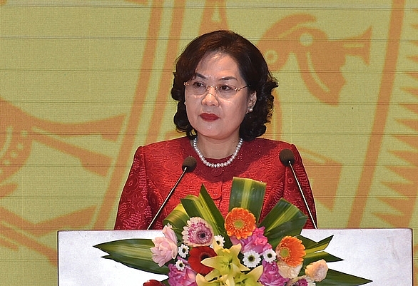 Thống đốc Nguyễn Thị Hồng phát biểu tại Hội nghị 26/12. Ảnh: Sbv.