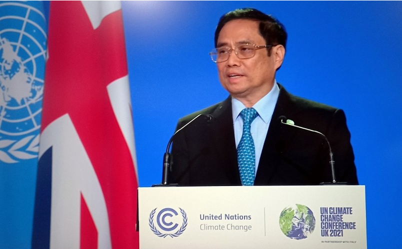 Thủ tướng Phạm Minh Chính phát biểu tại Hội nghị Thượng đỉnh khí hậu trong khuôn khổ Hội nghị lần thứ 26 các Bên tham gia Công ước khung của LHQ về Biến đổi khí hậu (COP26). Ảnh: TTXVN