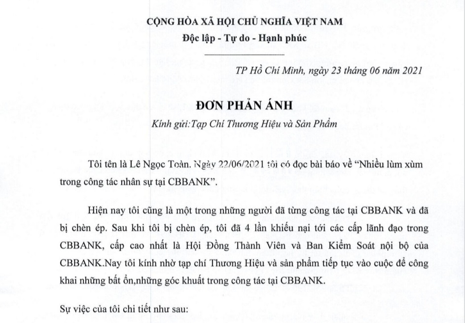 đơn thư của ông Lê Ngọc Toàn – một người đã từng công tác tại CBBank