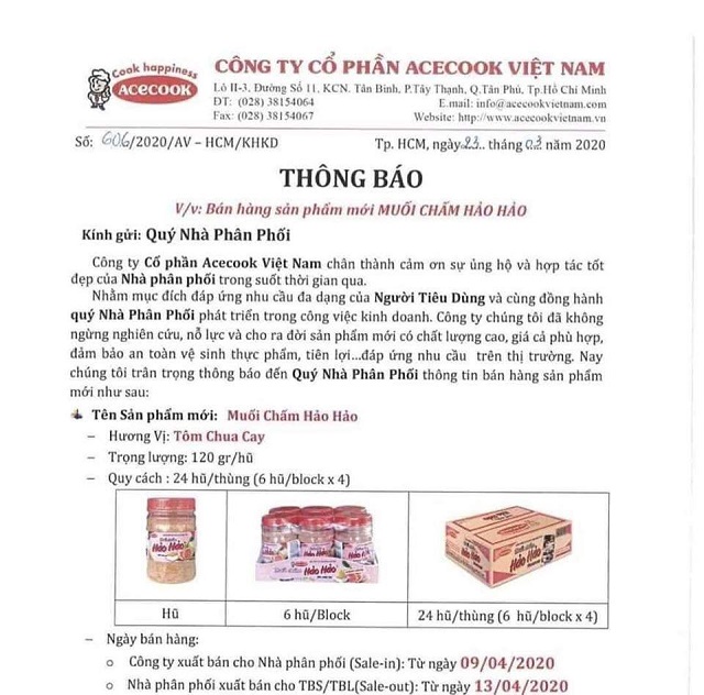 Thông báo của Công ty cổ phần AceCook Việt Nam về việc bán sản phẩm muối chấm mì tôm Hảo Hảo