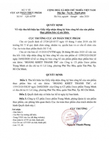 Khuyến cáo: TPBVSK Hoàng Khiết Thanh TM bị thu hồi giấy phép